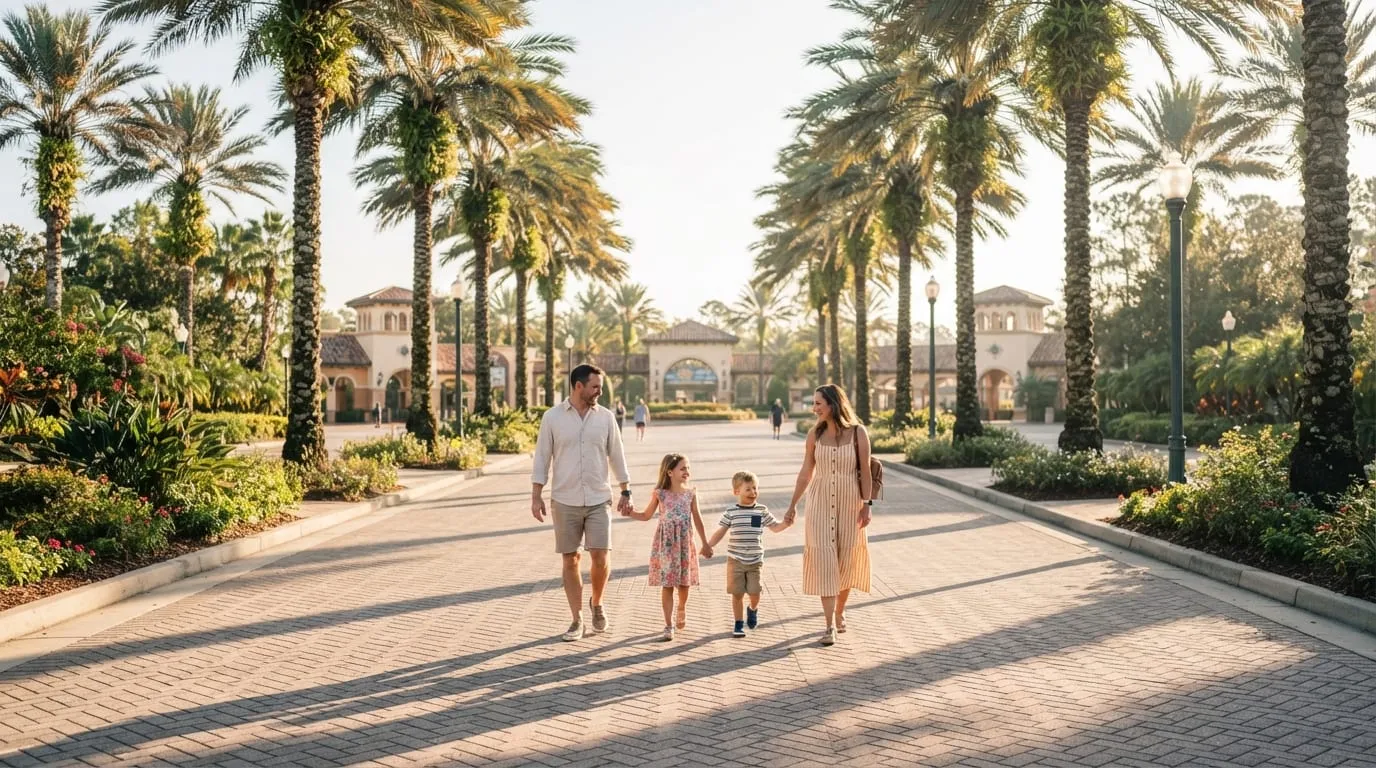 A family walking down a path toward a theme park entrance in Orlando