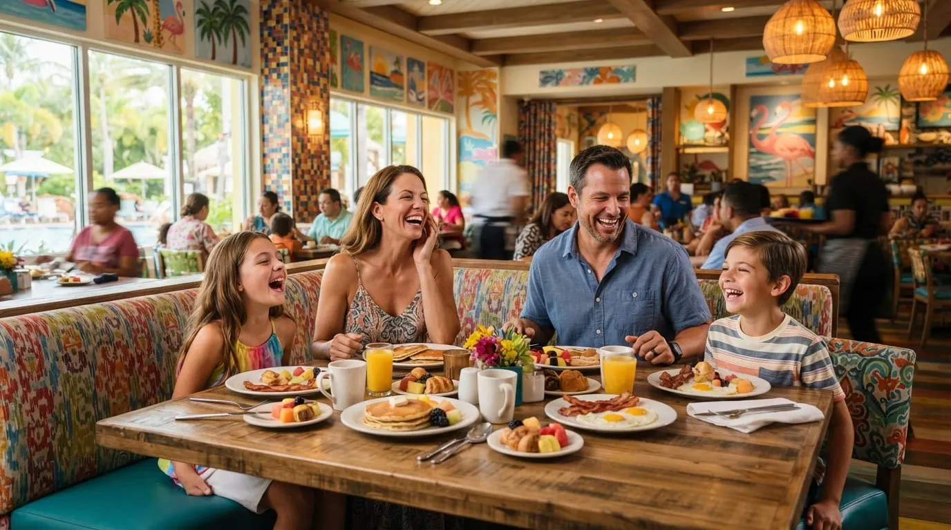 A family at a table in an Orlando restaurant as a costumed character stops to greet them