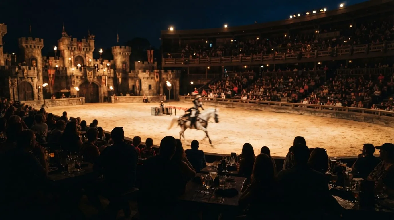 A dinner show arena in Orlando with long banquet tables facing a performance area