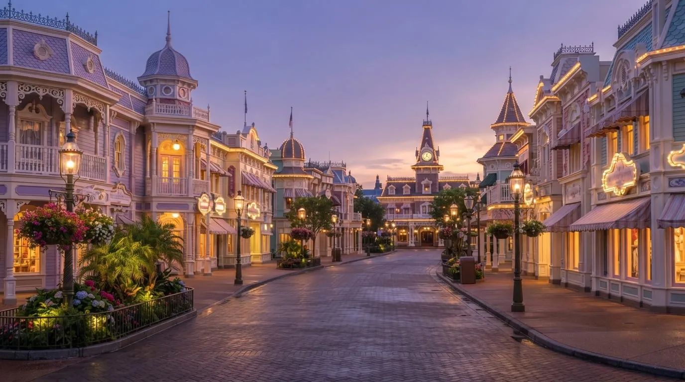 Illustrated artwork of a fairy-tale castle and Disney-style theme park skyline