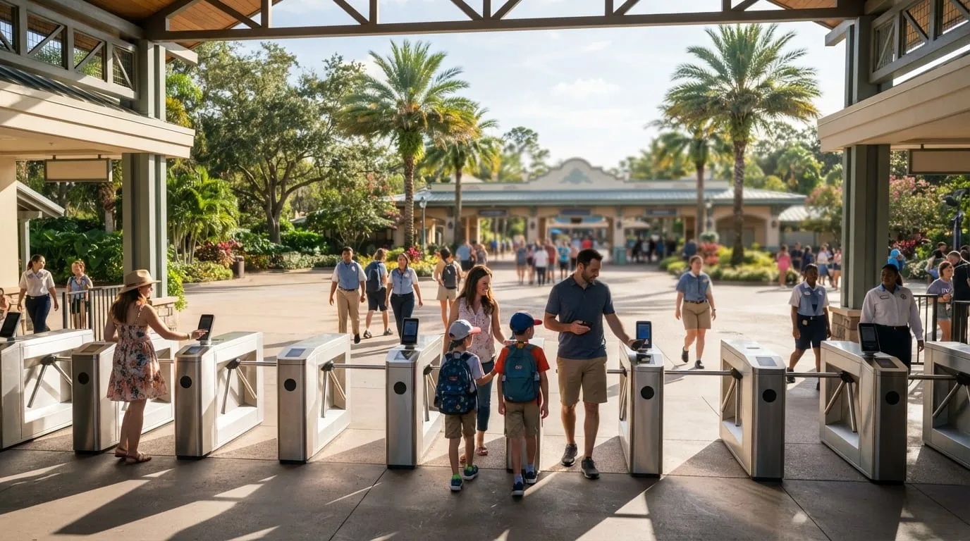 Guests queueing at the ticket windows outside a Walt Disney World theme park entrance