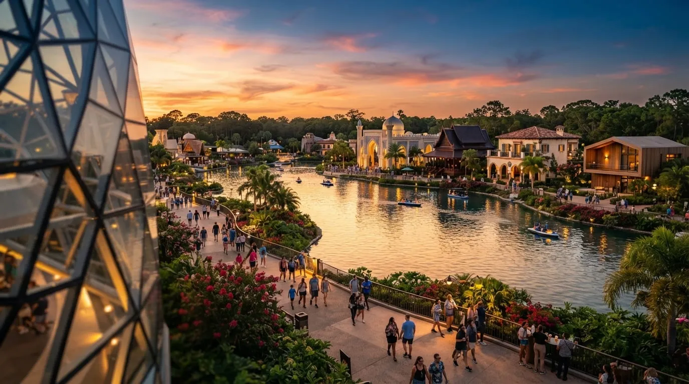 Illustrated futuristic pavilion and lagoon promenade with international pavilions at dusk