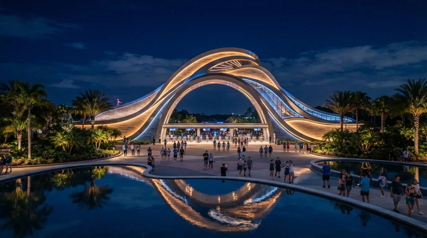 Wide view of a modern theme park entrance plaza with landscaped walkways at Universal Orlando