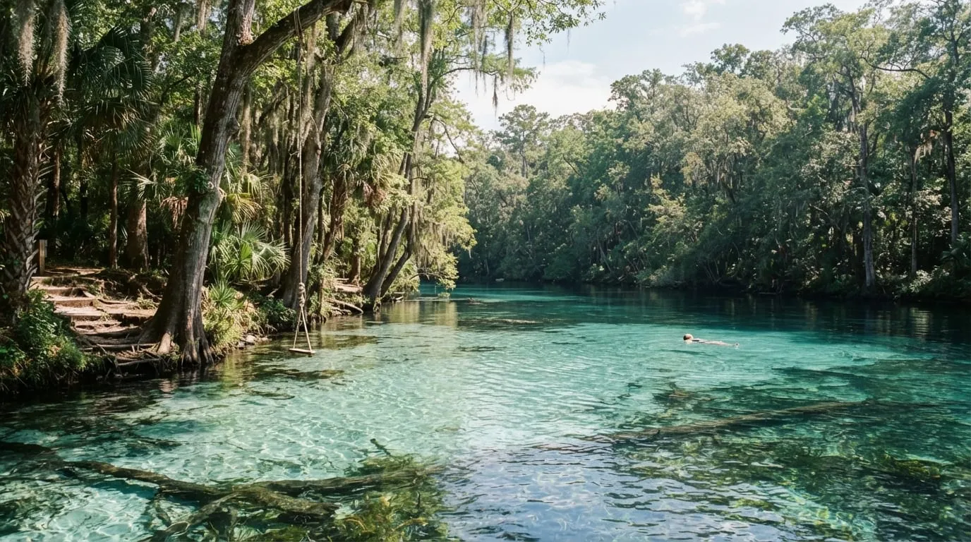 Clear blue spring water surrounded by cypress trees at a Florida state park