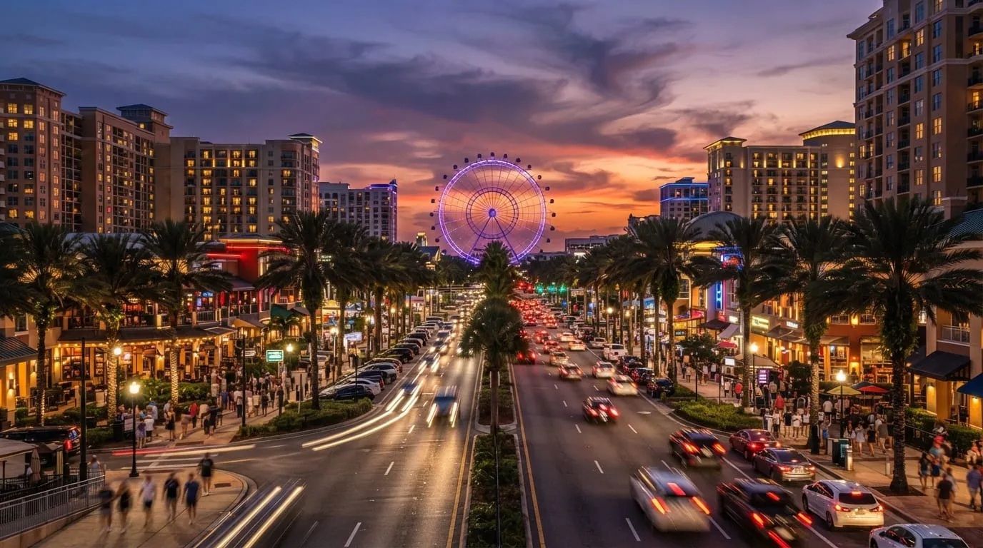 A row of hotels and restaurants along International Drive in Orlando at dusk