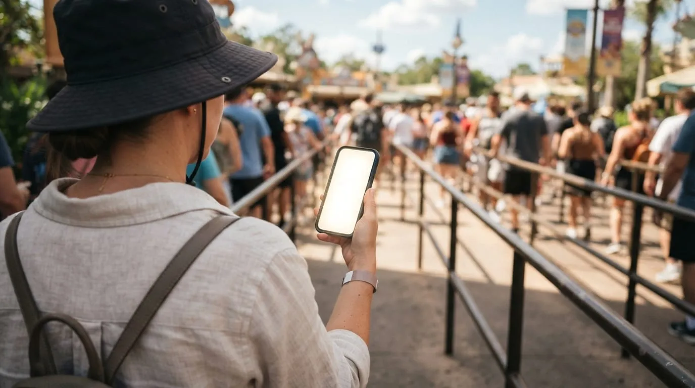 Guests scanning phones at a Lightning Lane entrance sign inside a Disney World theme park