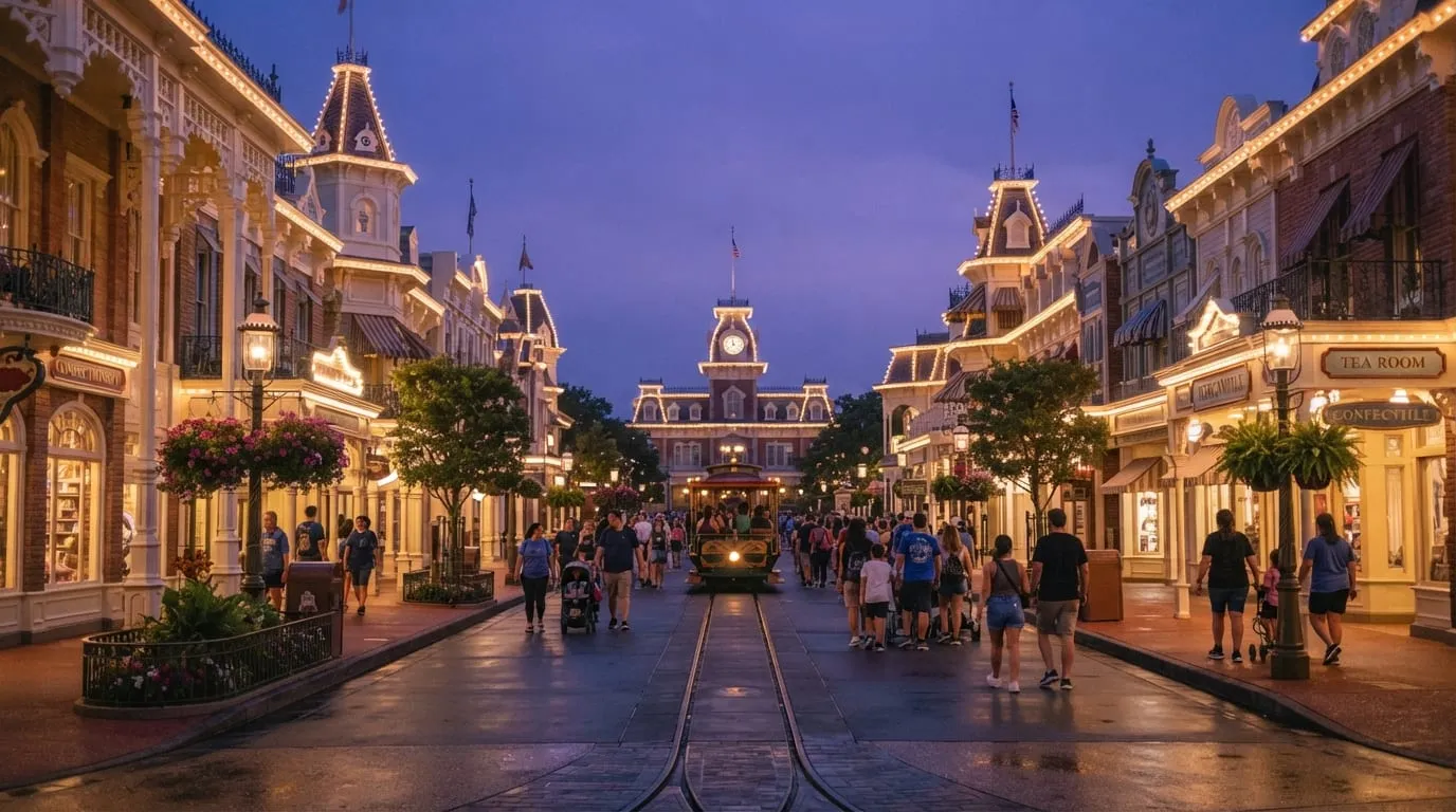 Illustrated fairy-tale castle and theme park main street at dusk with crowds walking