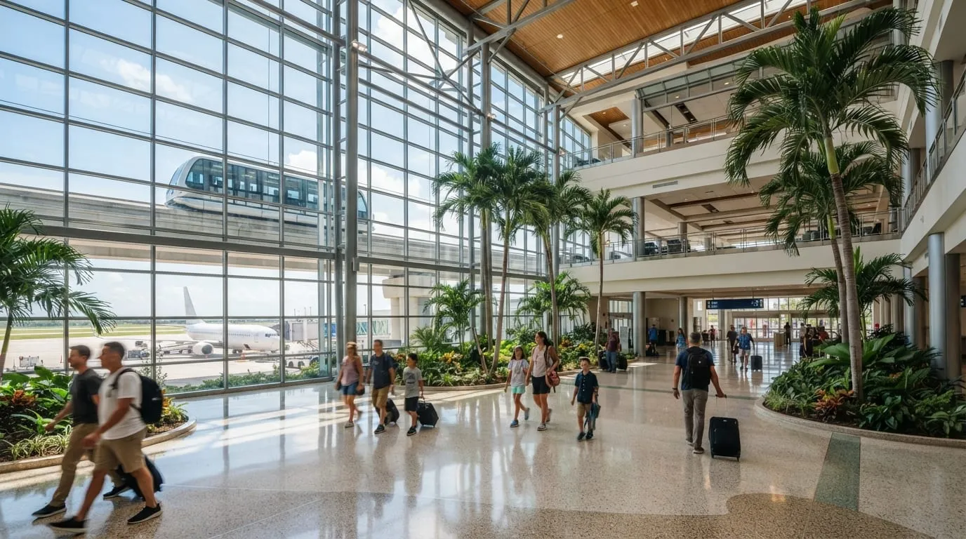 The interior of a modern airport terminal with travelers walking toward the gates