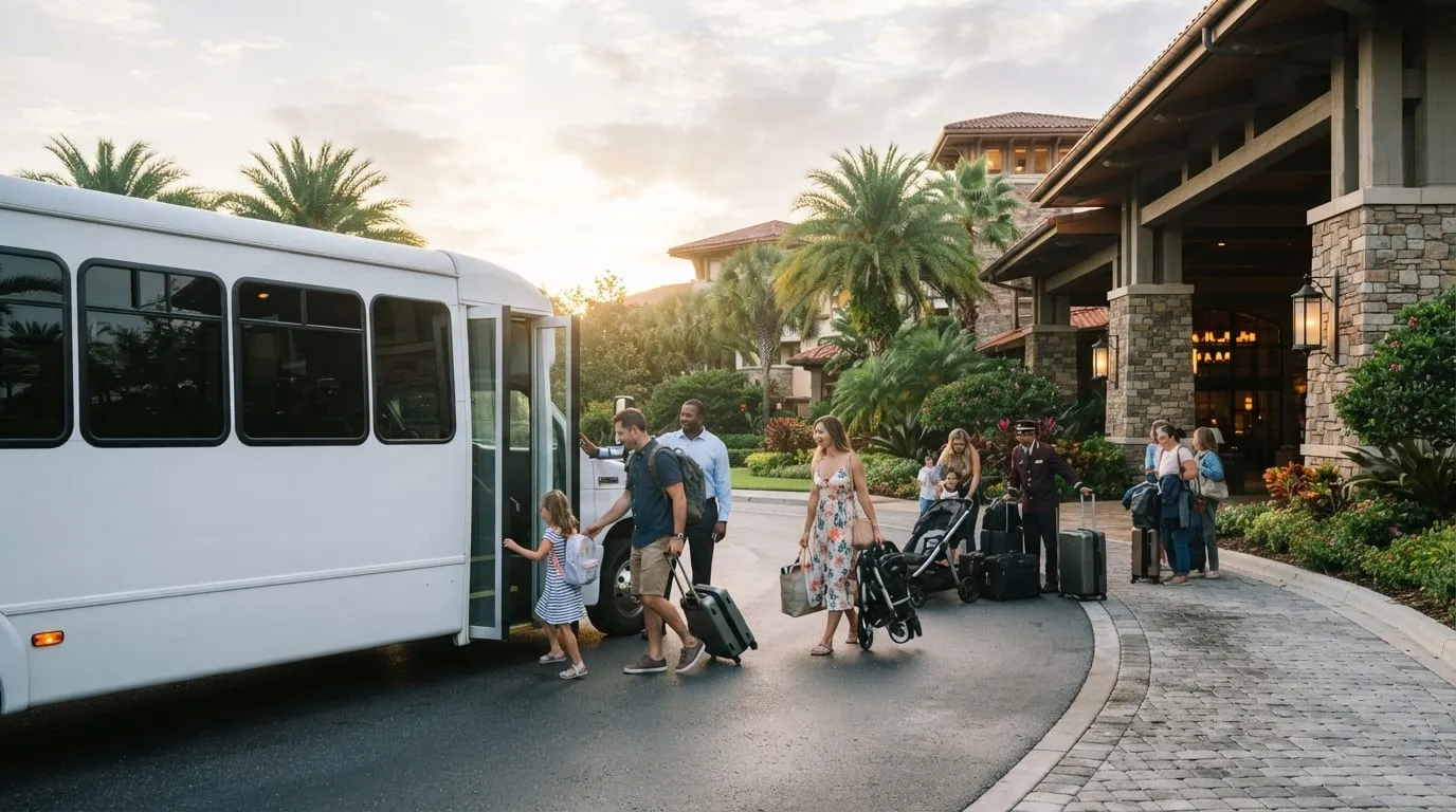 An illustration of a traveller in Orlando getting around without a rental car