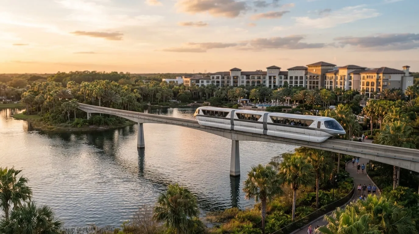 Monorail crossing a lagoon between two Walt Disney World theme parks in the afternoon