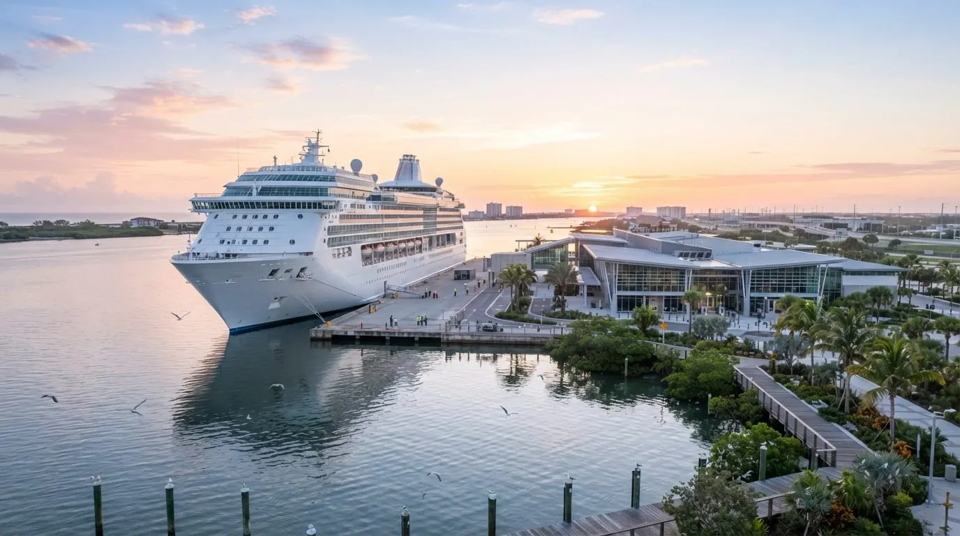 Cruise ships docked at Port Canaveral with luggage carts on the pier