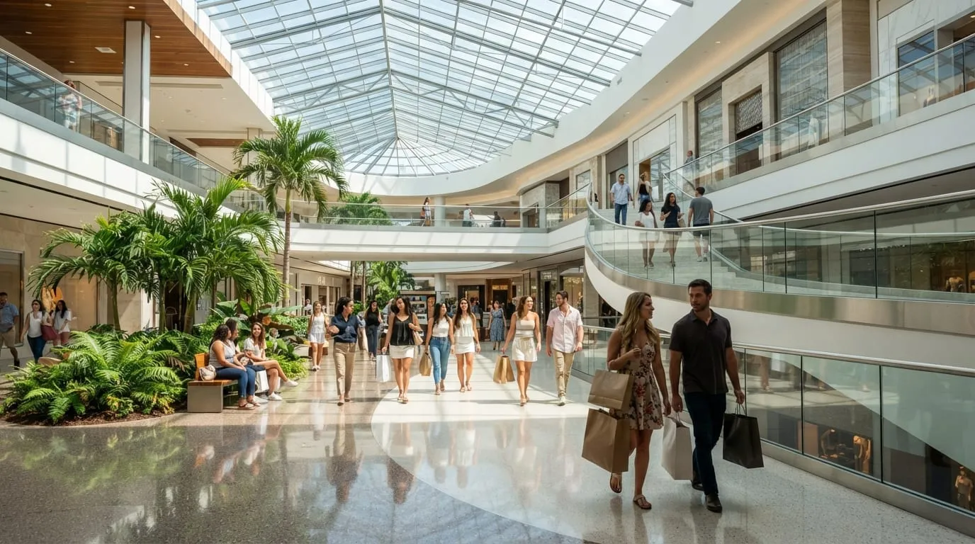 A wide indoor mall corridor in Orlando with storefronts on both sides