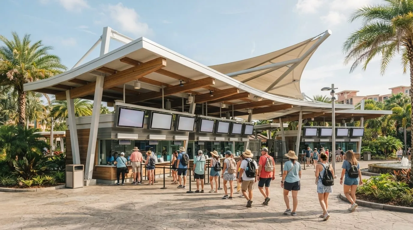 Visitors passing through the ticket plaza at the entrance to Universal Orlando Resort