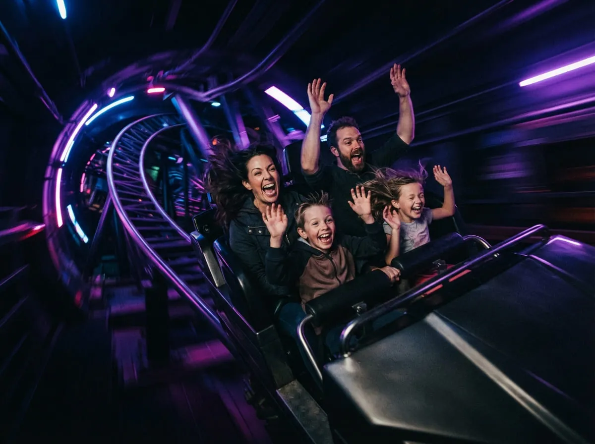 A steel roller coaster lit against the night sky at an Orlando theme park