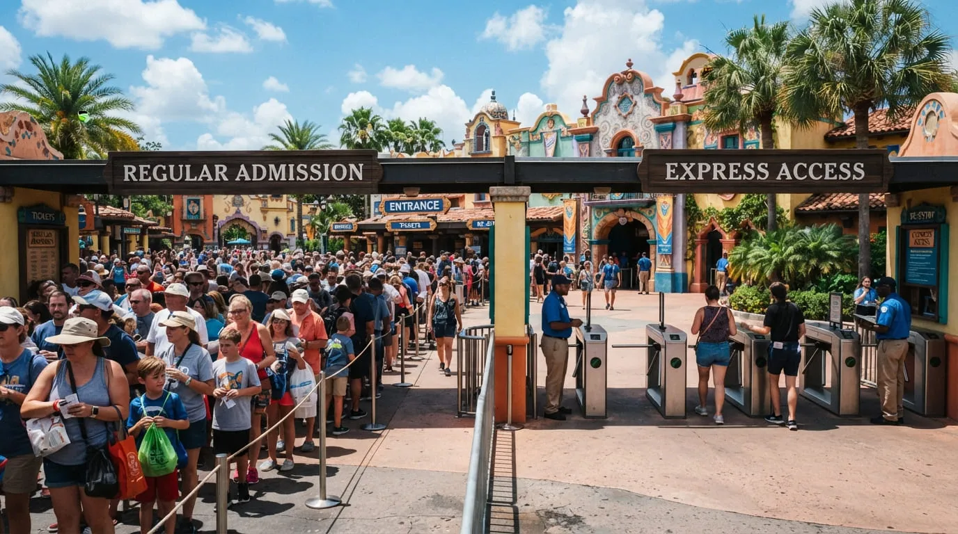 Visitors walking through an express access lane at an Orlando theme park entrance