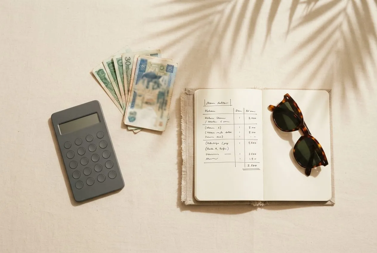 Notebook, calculator and theme park tickets laid out on a hotel room desk in Orlando