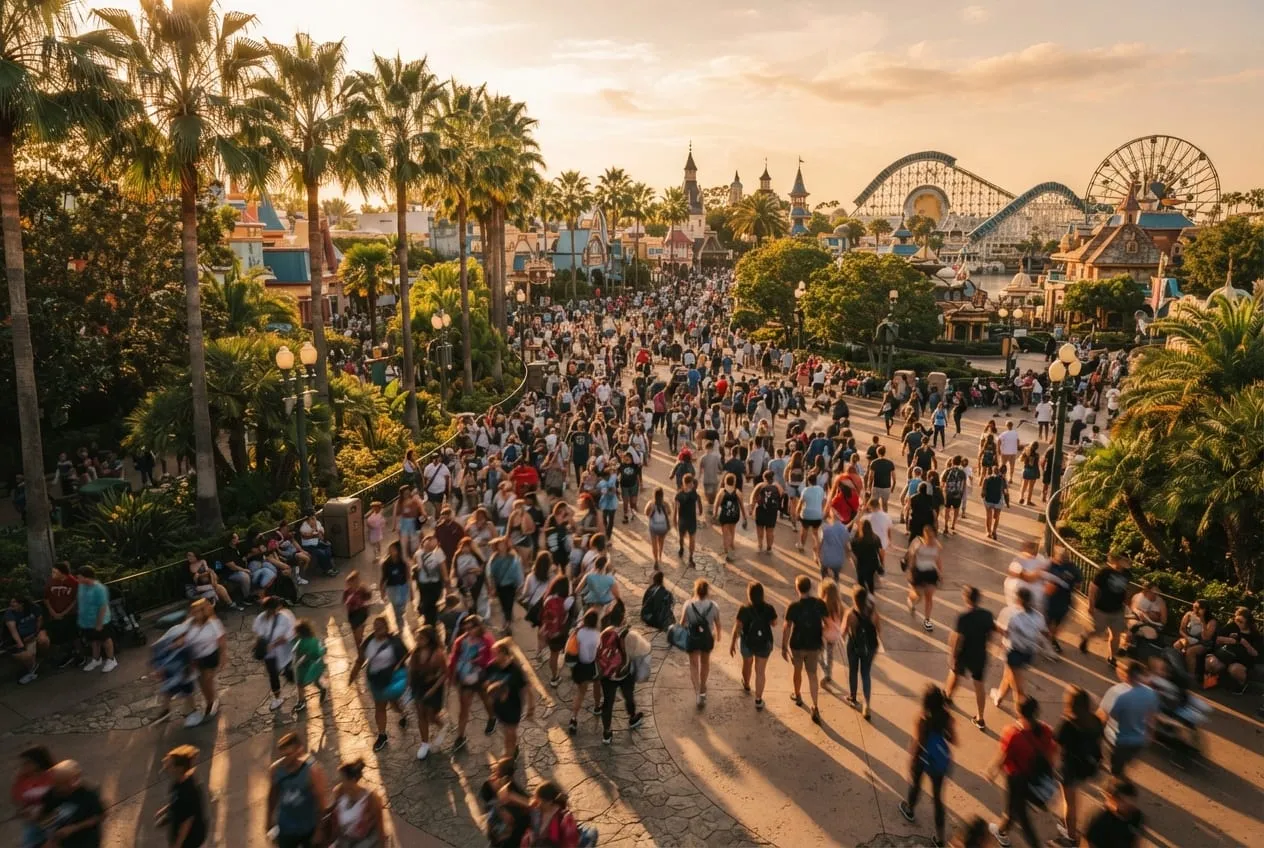 Visitors spread across a theme park walkway in Orlando on a quiet weekday morning