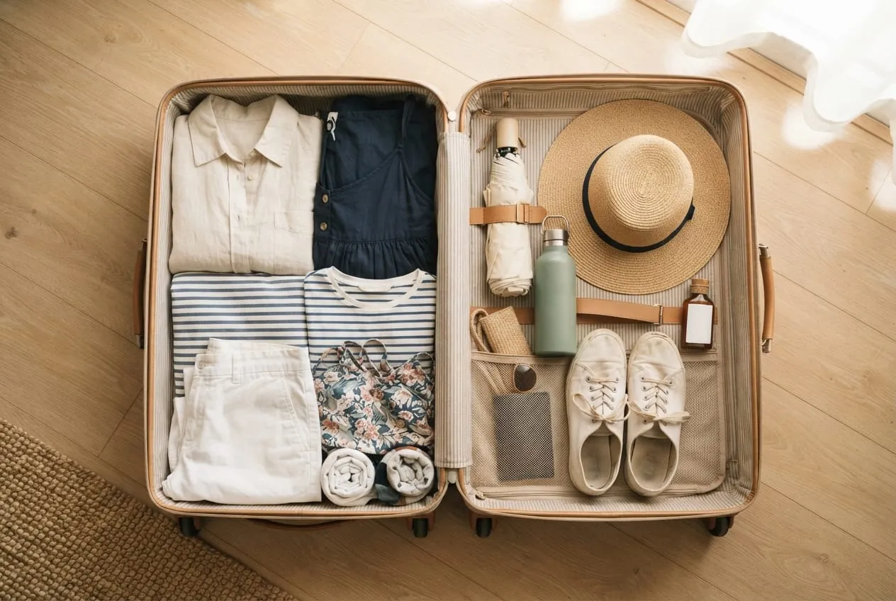 Open suitcase with rain poncho, sun hat and trainers on a hotel bed in Orlando