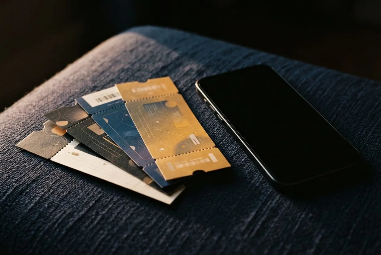 Theme park tickets and a phone showing a ticket wallet on a table in Orlando